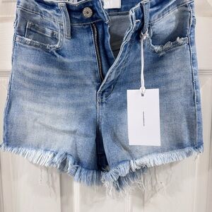 Blue Jean Shorts with Frayed Hem and Distressed Look